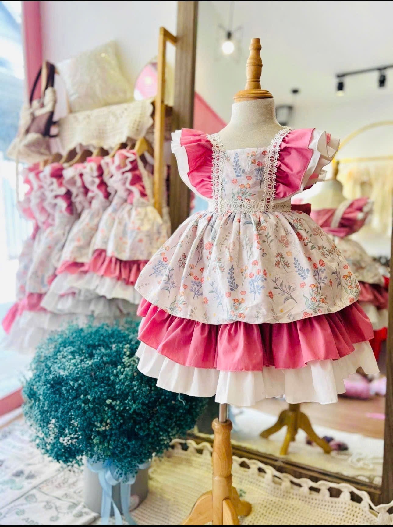Vintage Floral Ruffle Dress 1–6 Years | Pink Cottagecore Party Dress