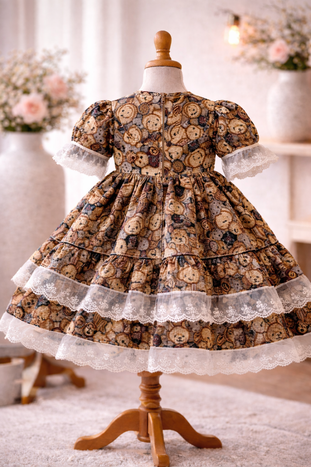 Vintage Teddy Bear Lace Dress – Cottagecore Baby Girl Dress (1–6 Years)