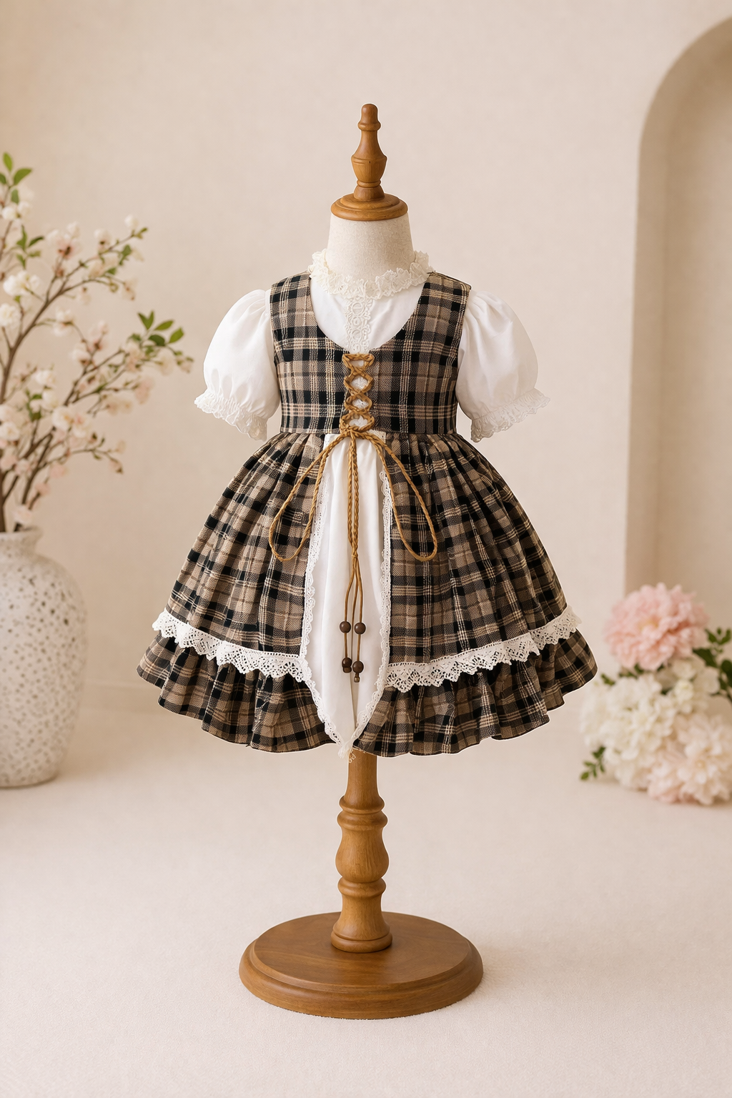 Vintage Plaid Dress for Girls – Lace Puff Sleeve Dress (1–6 Years)