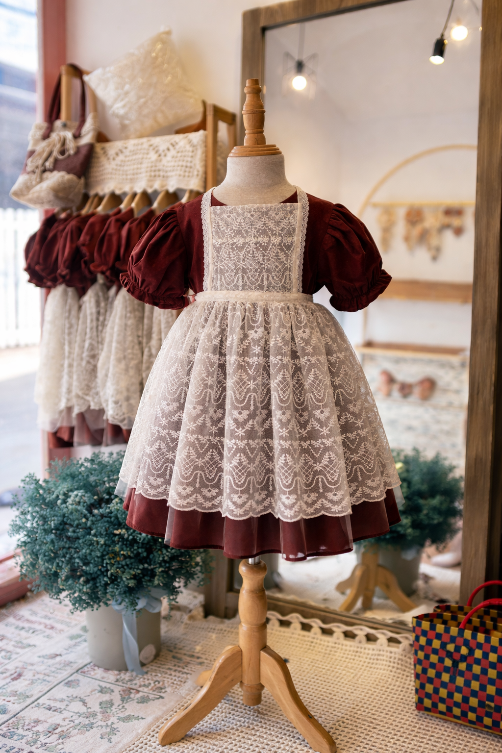 Vintage Lace Apron Dress – Burgundy Puff Sleeve Girl Dress with Bow Back (1–6Y)