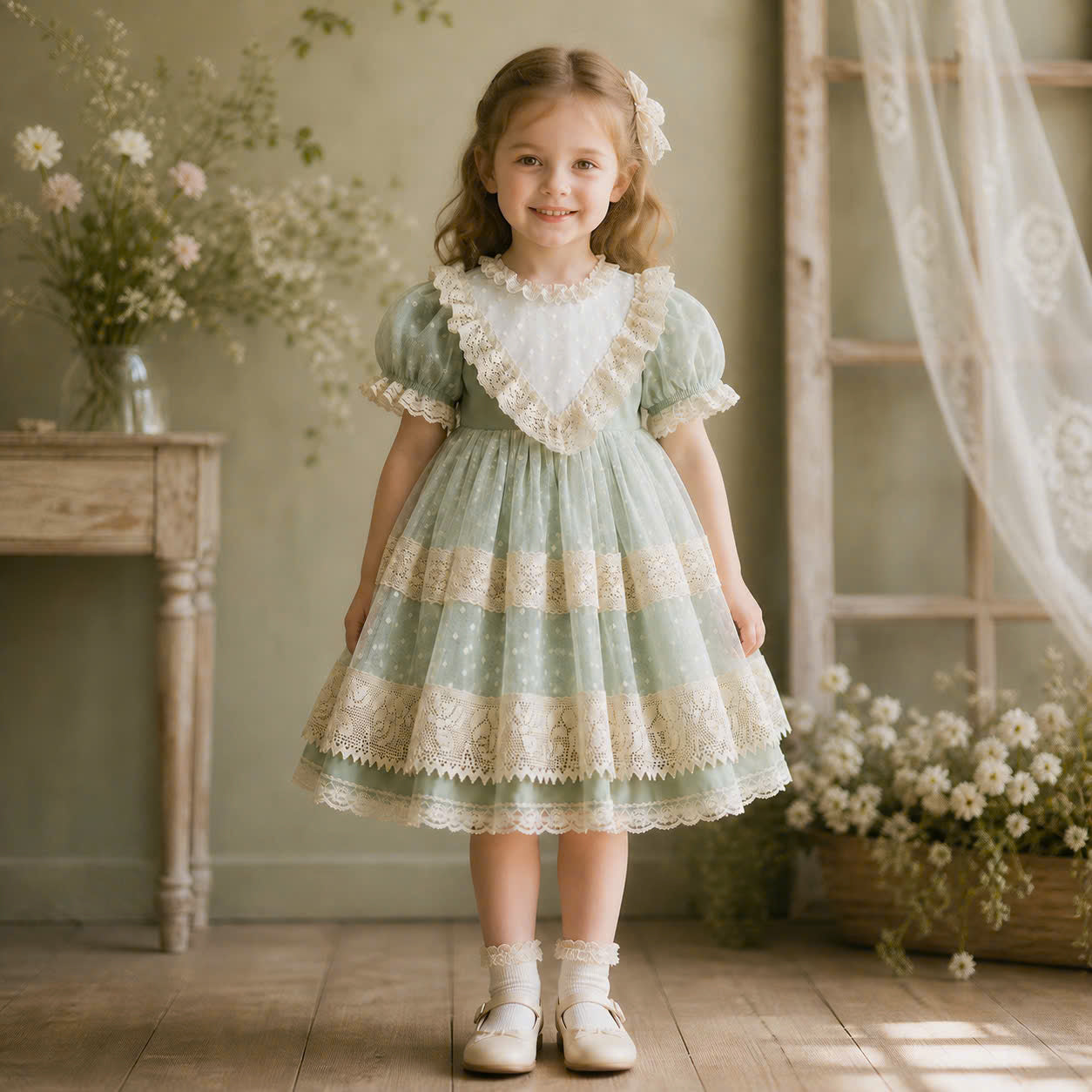 Sage & Violet Heirloom Lace Dress 1–6Years | Polka Dot Tulle Princess Dress | Birthday & Photoshoot Outfit