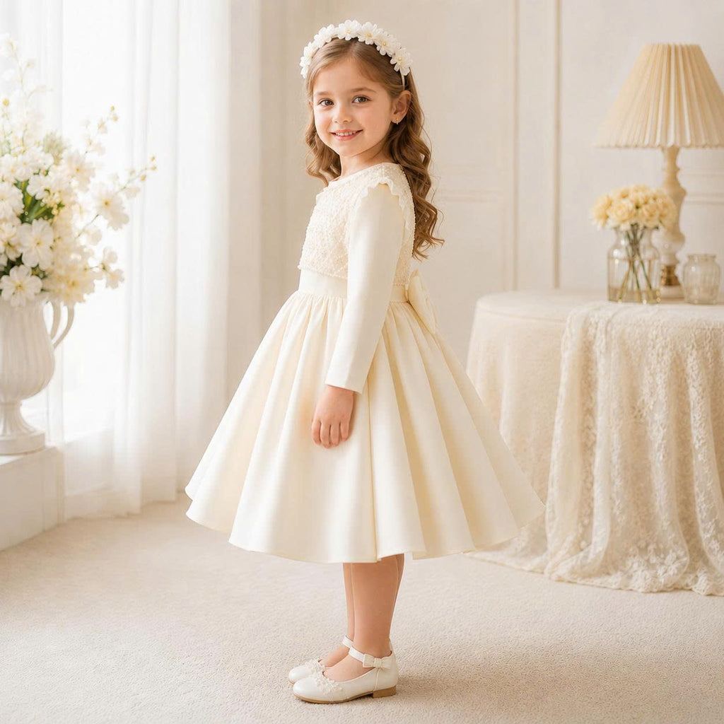 Ivory Pearl Bow Dress 1–6 Years | Flower Girl, Birthday & Special Occasion Dress