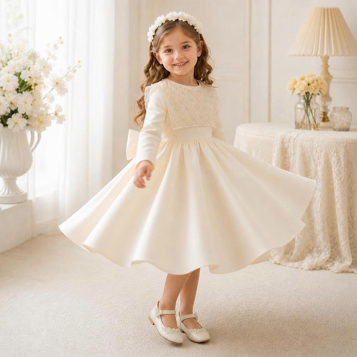 Ivory Pearl Bow Dress 1–6 Years | Flower Girl, Birthday & Special Occasion Dress