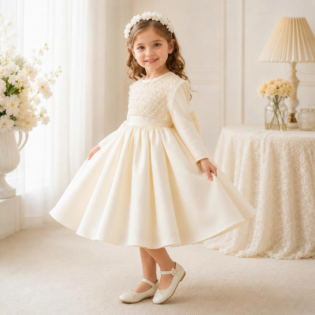 Ivory Pearl Bow Dress 1–6 Years | Flower Girl, Birthday & Special Occasion Dress