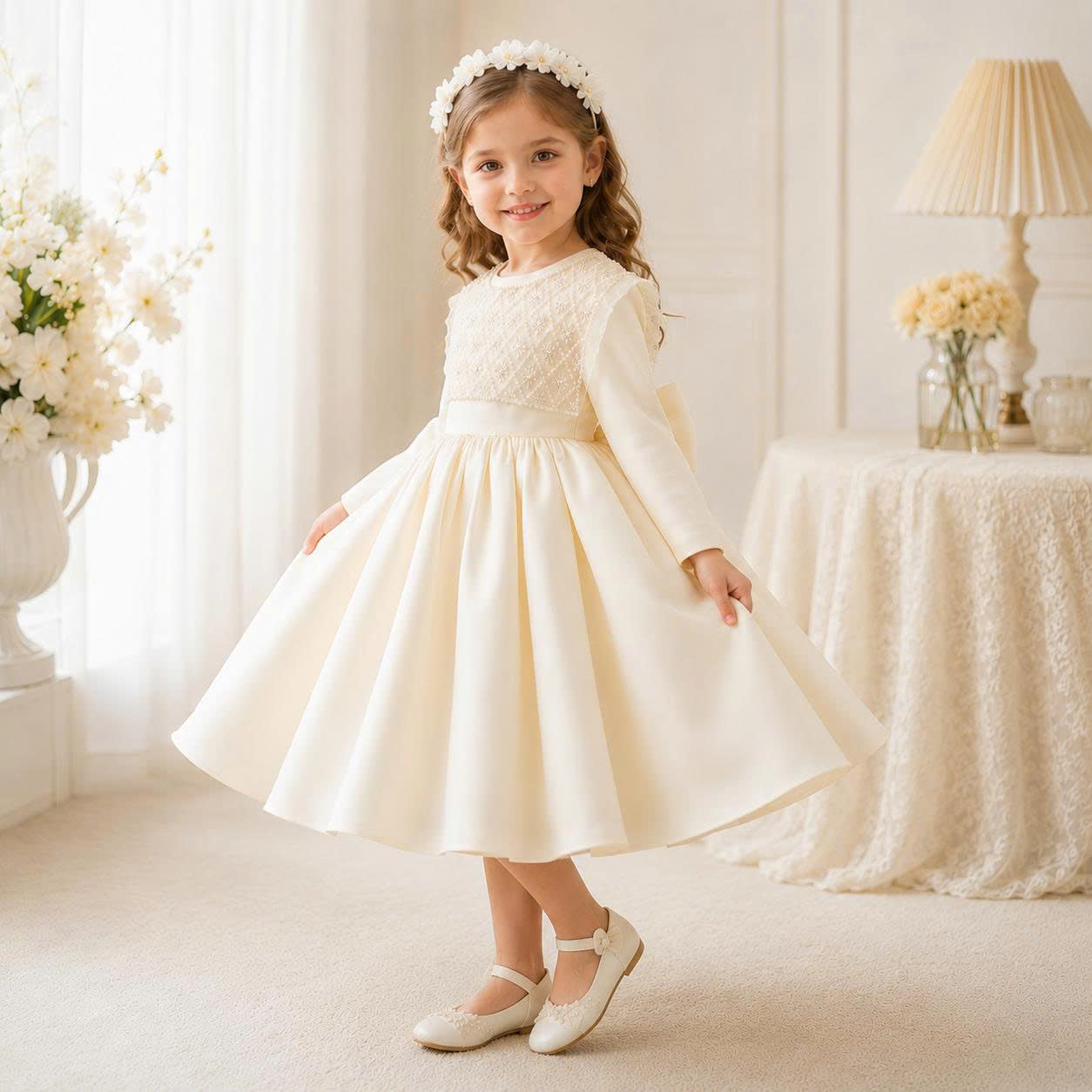 Ivory Pearl Bow Dress 1–6 Years | Flower Girl, Birthday & Special Occasion Dress