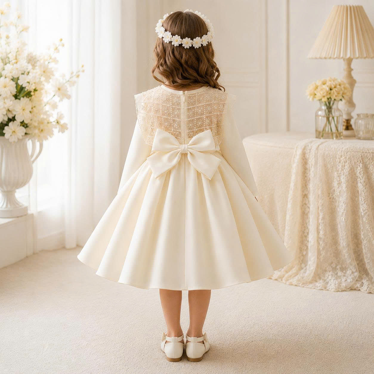 Ivory Pearl Bow Dress 1–6 Years | Flower Girl, Birthday & Special Occasion Dress
