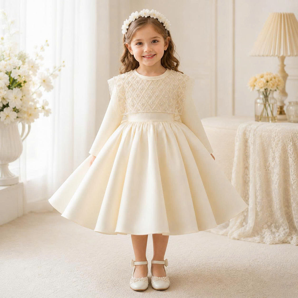 Ivory Pearl Bow Dress 1–6 Years | Flower Girl, Birthday & Special Occasion Dress