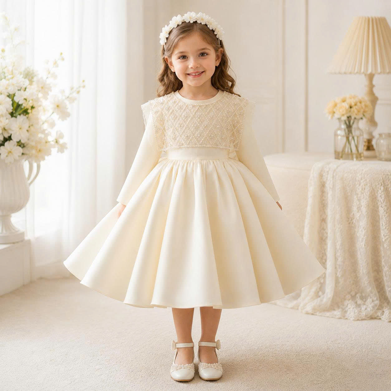 Ivory Pearl Bow Dress 1–6 Years | Flower Girl, Birthday & Special Occasion Dress