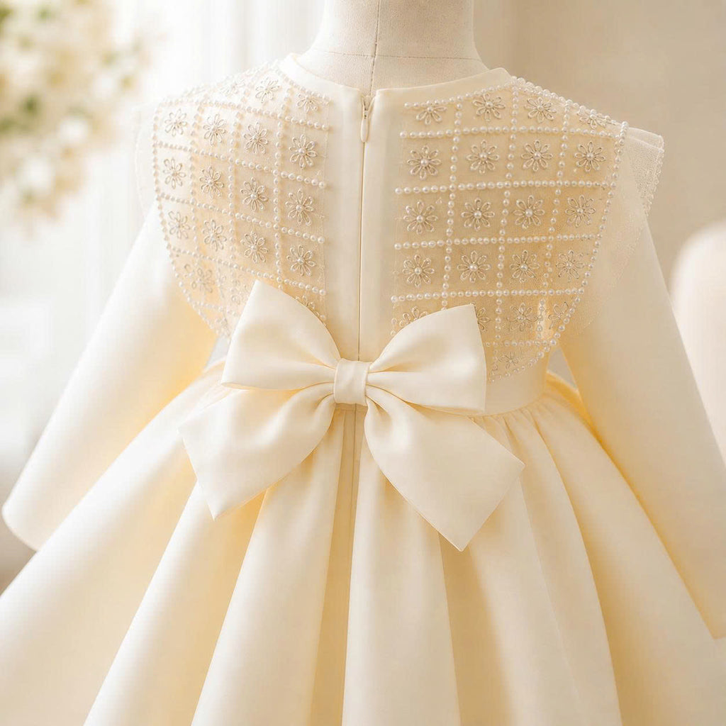 Ivory Pearl Bow Dress 1–6 Years | Flower Girl, Birthday & Special Occasion Dress