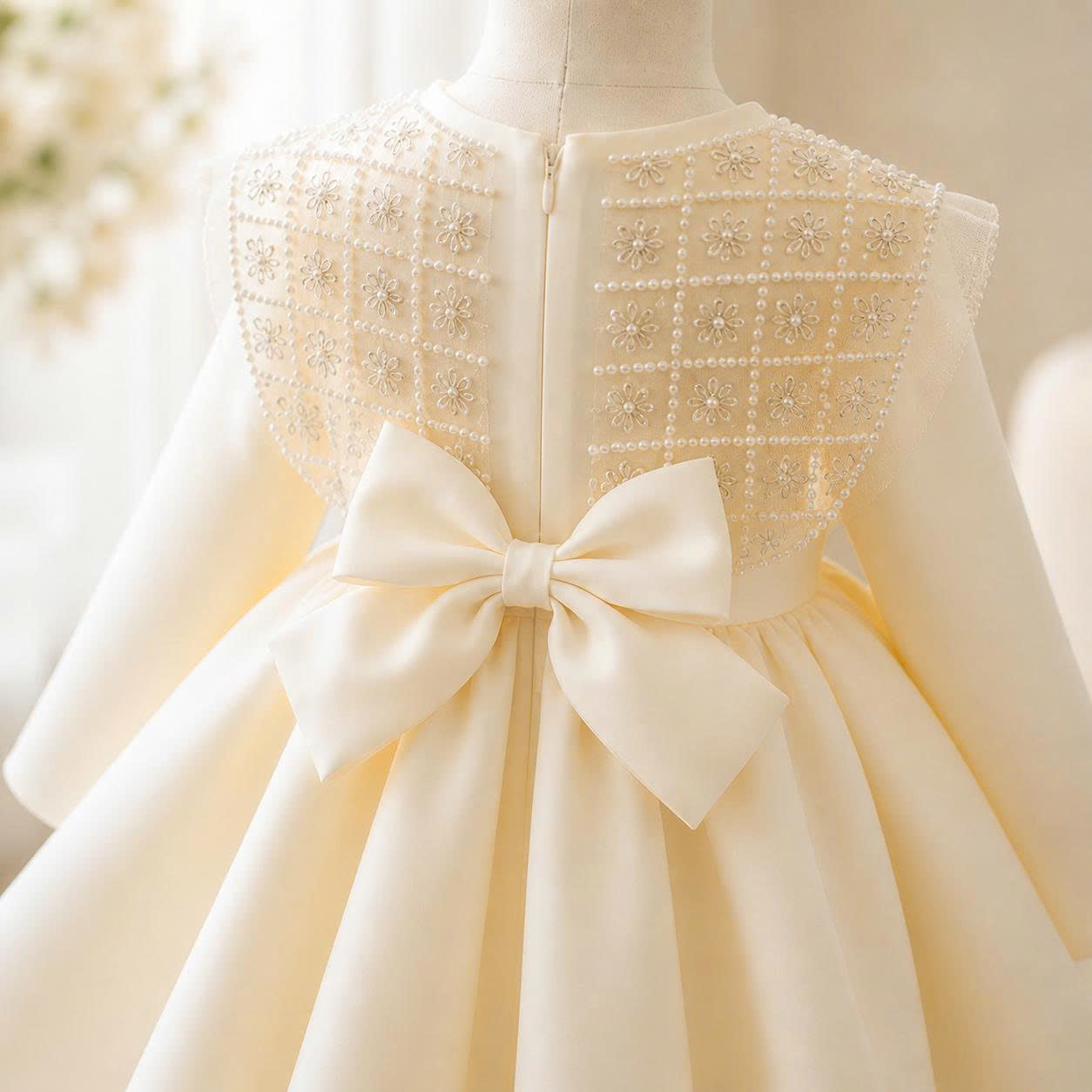 Ivory Pearl Bow Dress 1–6 Years | Flower Girl, Birthday & Special Occasion Dress