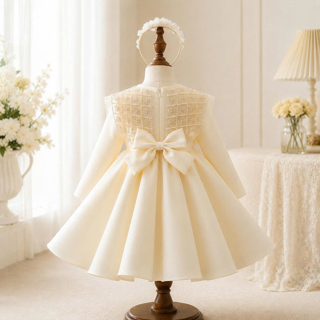 Ivory Pearl Bow Dress 1–6 Years | Flower Girl, Birthday & Special Occasion Dress