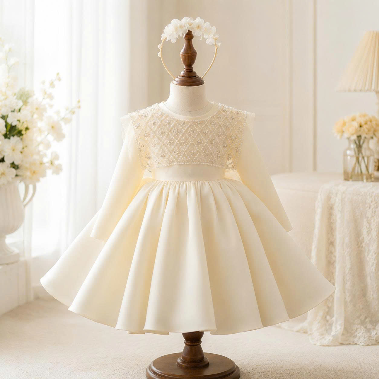 Ivory Pearl Bow Dress 1–6 Years | Flower Girl, Birthday & Special Occasion Dress