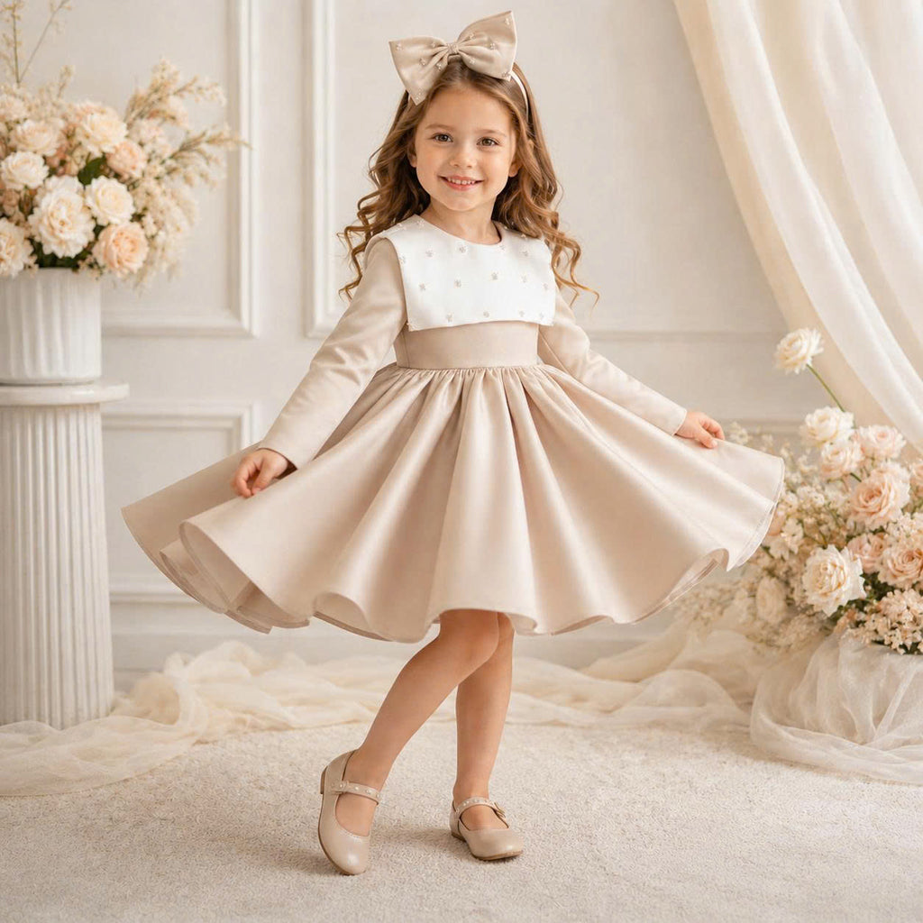 Champagne Crystal Bow Dress 1–6 Years | Flower Girl, Birthday & Special Occasion Dress
