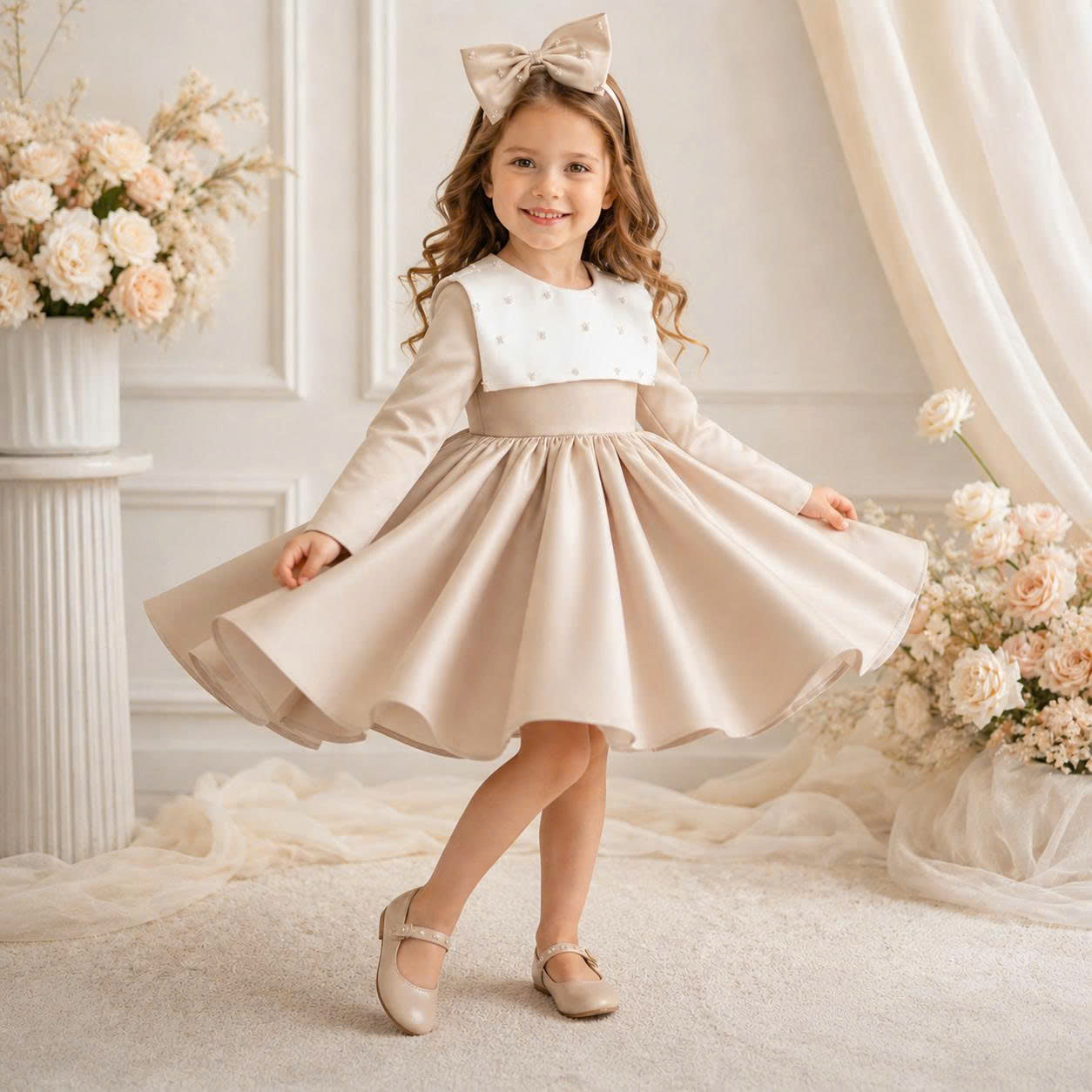 Champagne Crystal Bow Dress 1–6 Years | Flower Girl, Birthday & Special Occasion Dress