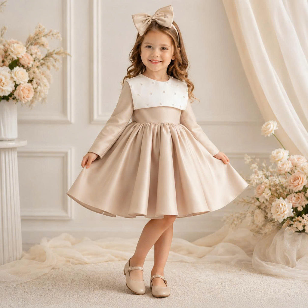 Champagne Crystal Bow Dress 1–6 Years | Flower Girl, Birthday & Special Occasion Dress