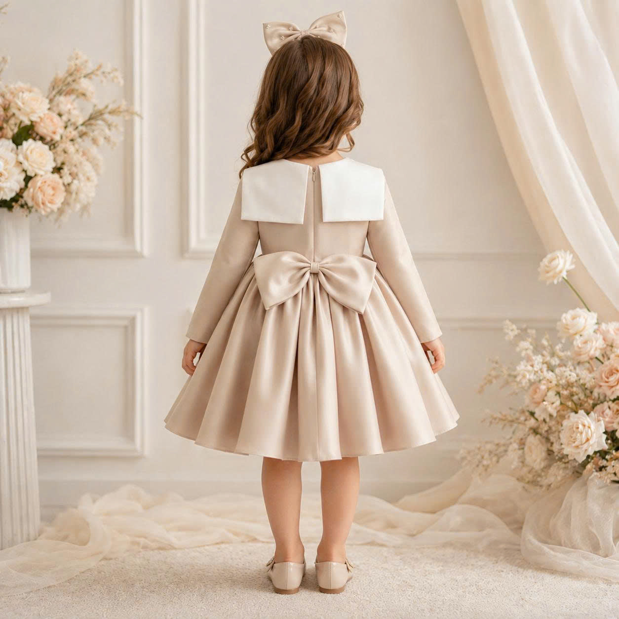 Champagne Crystal Bow Dress 1–6 Years | Flower Girl, Birthday & Special Occasion Dress