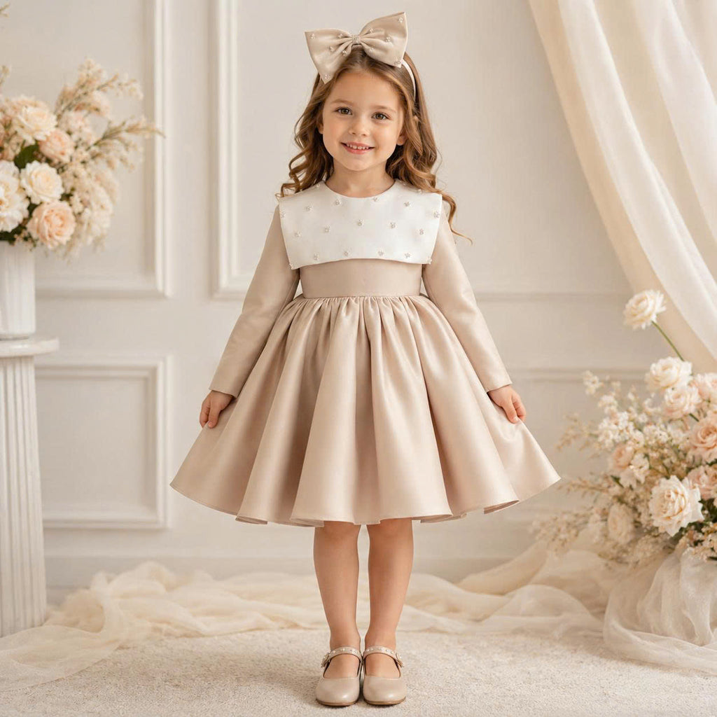 Champagne Crystal Bow Dress 1–6 Years | Flower Girl, Birthday & Special Occasion Dress