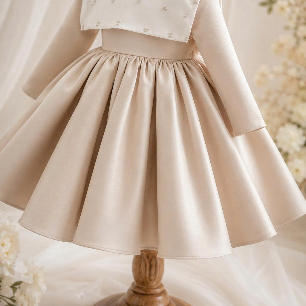 Champagne Crystal Bow Dress 1–6 Years | Flower Girl, Birthday & Special Occasion Dress