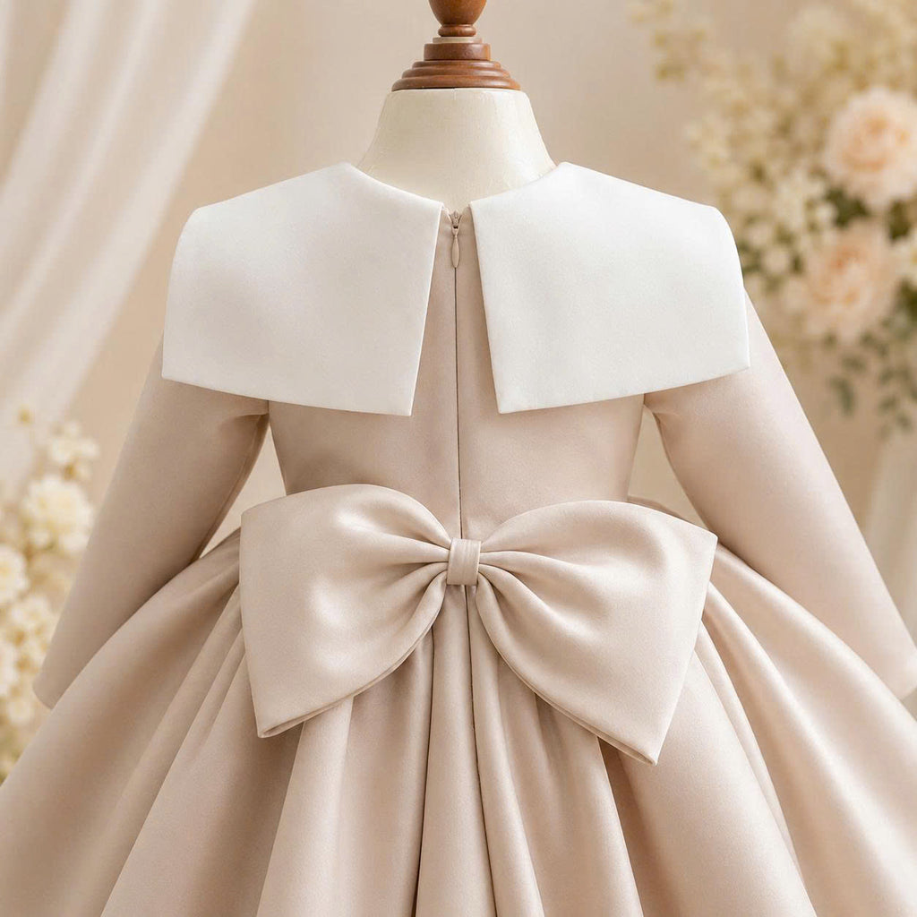 Champagne Crystal Bow Dress 1–6 Years | Flower Girl, Birthday & Special Occasion Dress