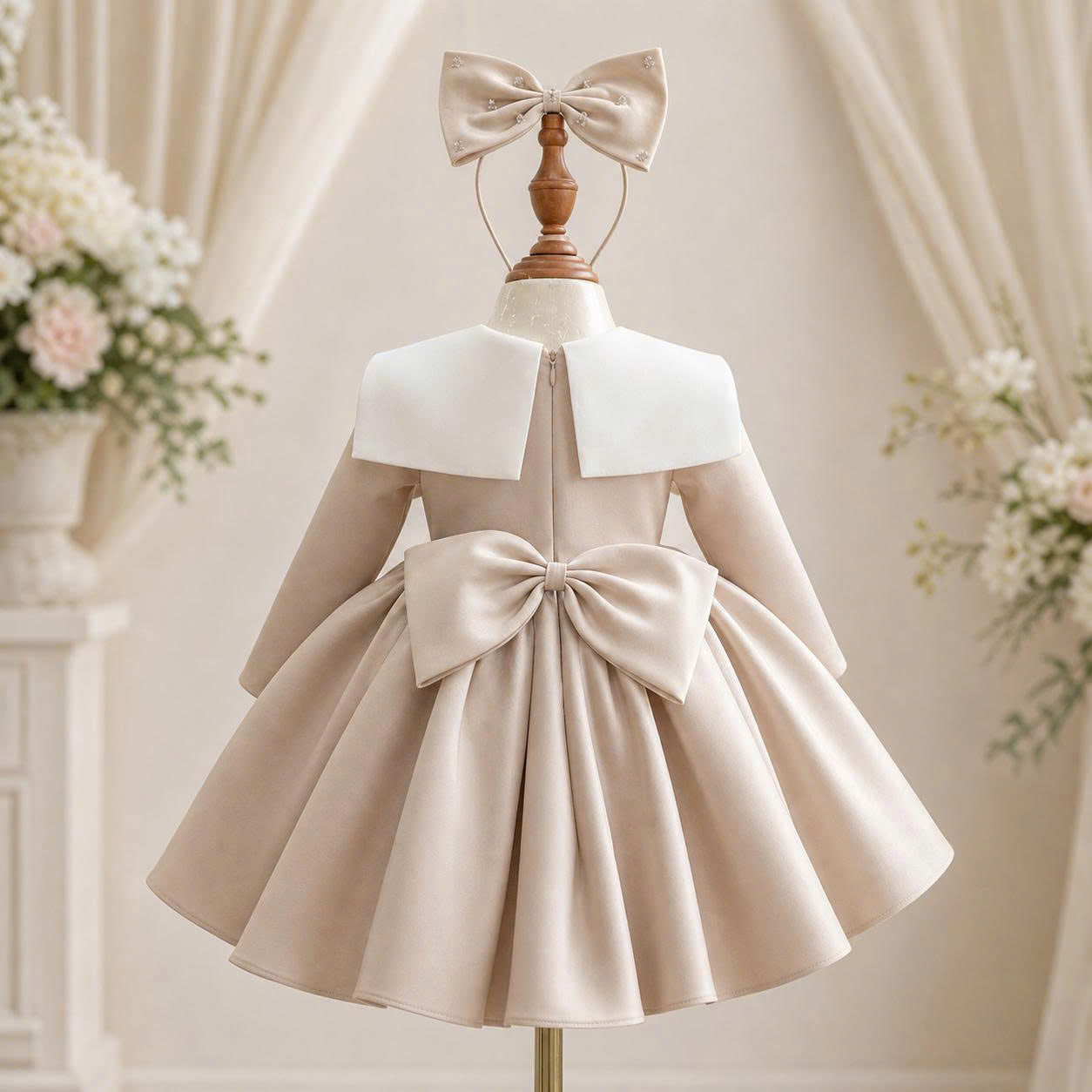 Champagne Crystal Bow Dress 1–6 Years | Flower Girl, Birthday & Special Occasion Dress