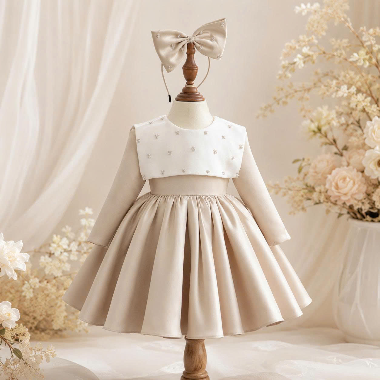 Champagne Crystal Bow Dress 1–6 Years | Flower Girl, Birthday & Special Occasion Dress