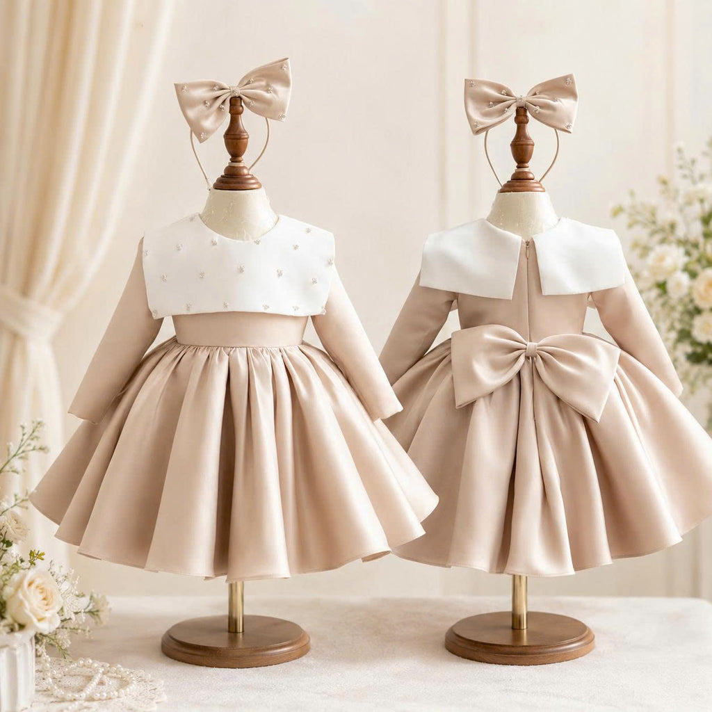 Champagne Crystal Bow Dress 1–6 Years | Flower Girl, Birthday & Special Occasion Dress