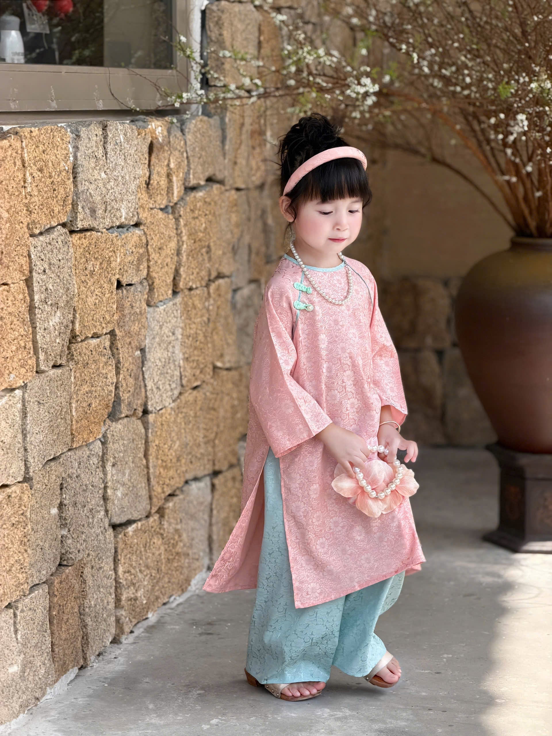 Floral Heritage Áo Dài – Blush Jade (6Months–7Years) | Floral Brocade Vietnamese Traditional Outfit | Tết & Special Occasion Wear