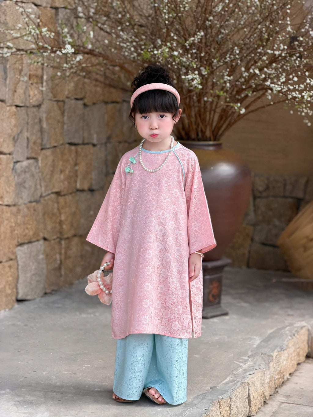 Floral Heritage Áo Dài – Blush Jade (6Months–7Years) | Floral Brocade Vietnamese Traditional Outfit | Tết & Special Occasion Wear