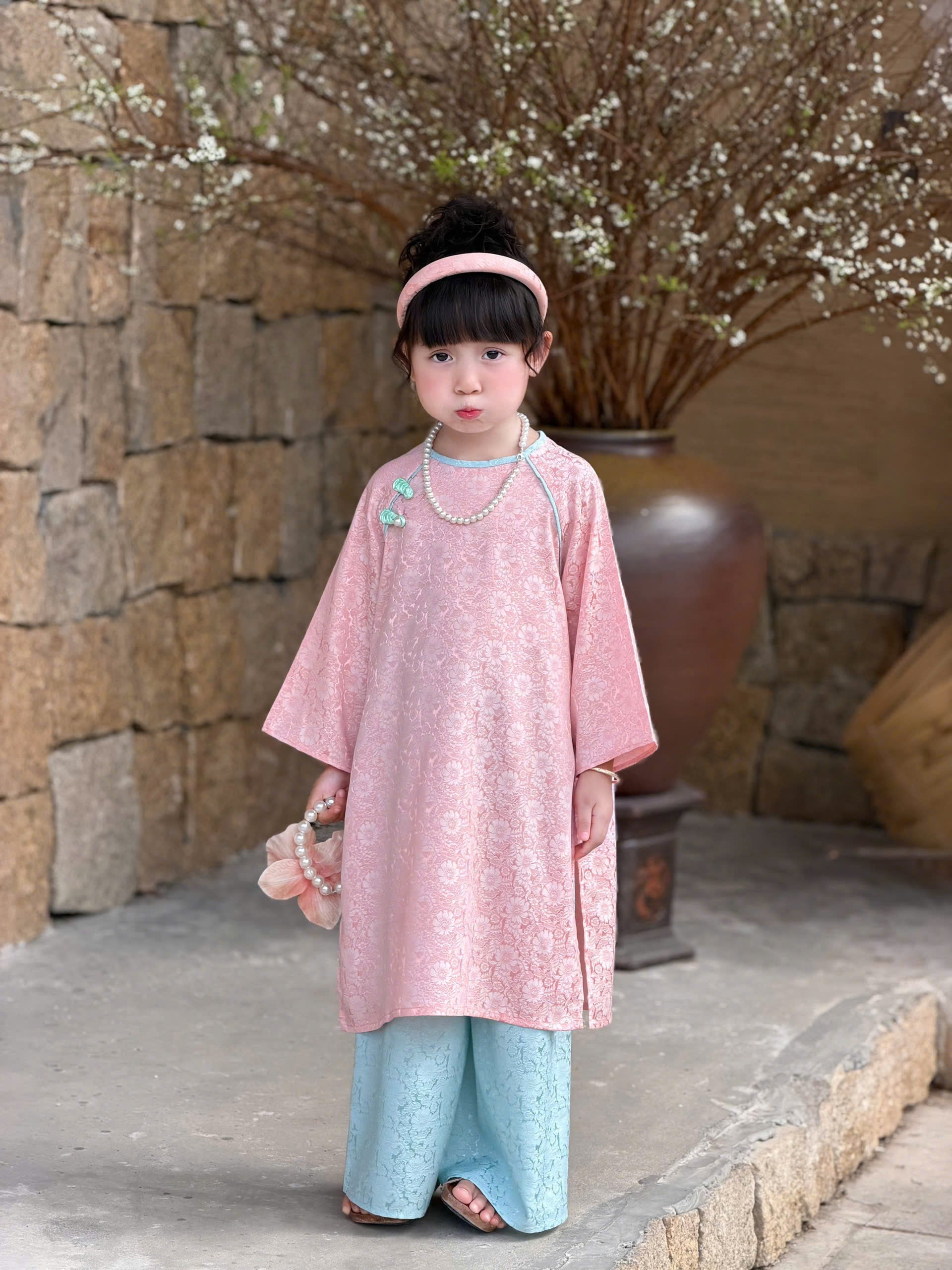 Floral Heritage Áo Dài – Blush Jade (6Months–7Years) | Floral Brocade Vietnamese Traditional Outfit | Tết & Special Occasion Wear