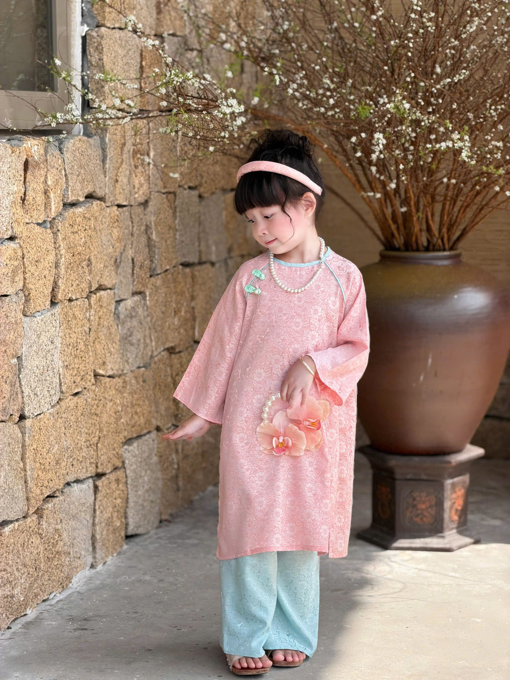 Floral Heritage Áo Dài – Blush Jade (6Months–7Years) | Floral Brocade Vietnamese Traditional Outfit | Tết & Special Occasion Wear