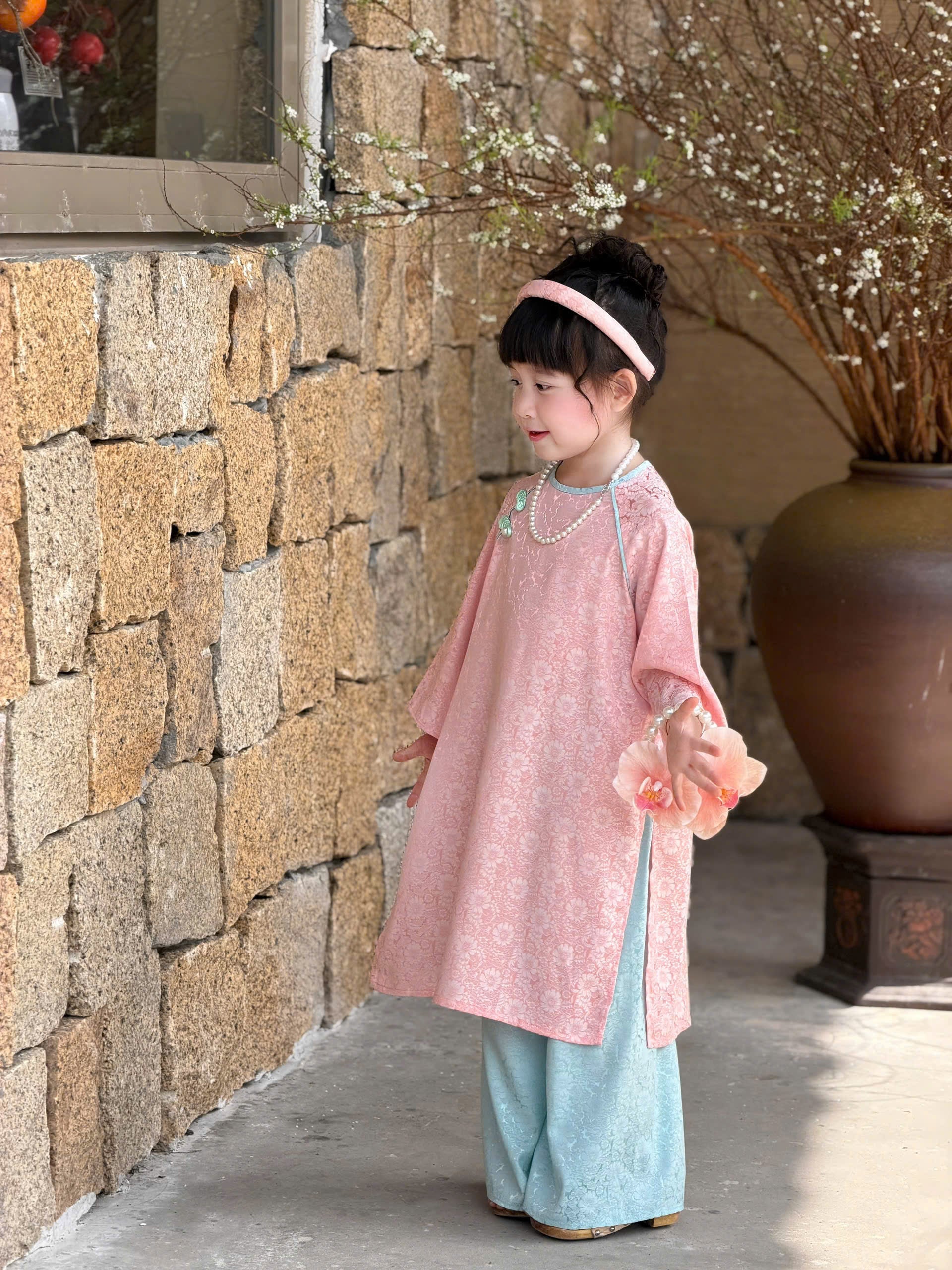 Floral Heritage Áo Dài – Blush Jade (6Months–7Years) | Floral Brocade Vietnamese Traditional Outfit | Tết & Special Occasion Wear