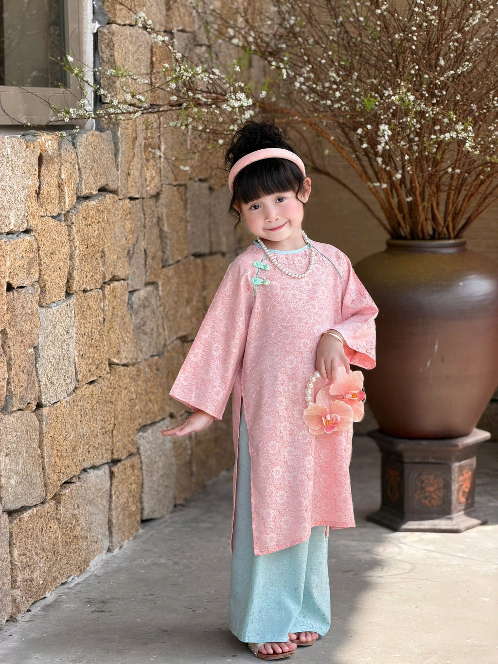 Floral Heritage Áo Dài – Blush Jade (6Months–7Years) | Floral Brocade Vietnamese Traditional Outfit | Tết & Special Occasion Wear
