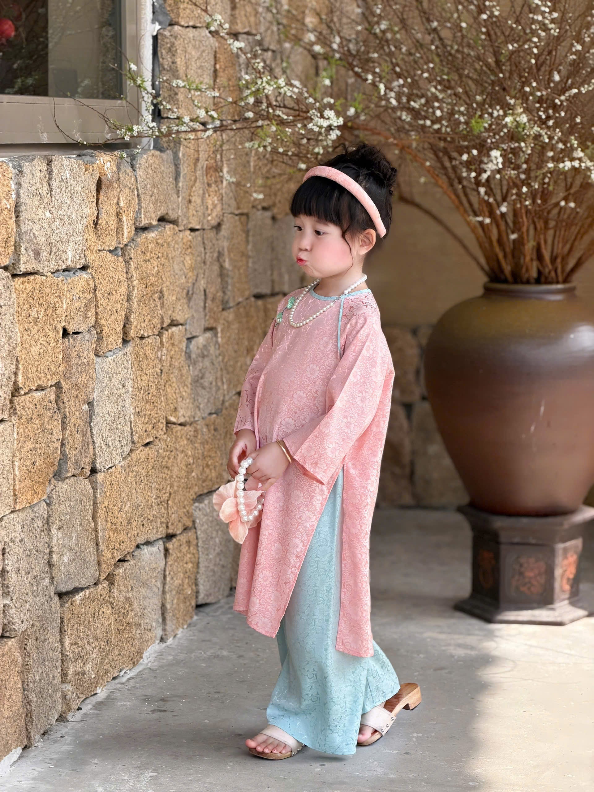Floral Heritage Áo Dài – Blush Jade (6Months–7Years) | Floral Brocade Vietnamese Traditional Outfit | Tết & Special Occasion Wear
