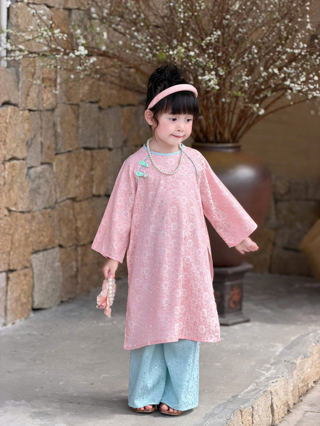 Floral Heritage Áo Dài – Blush Jade (6Months–7Years) | Floral Brocade Vietnamese Traditional Outfit | Tết & Special Occasion Wear