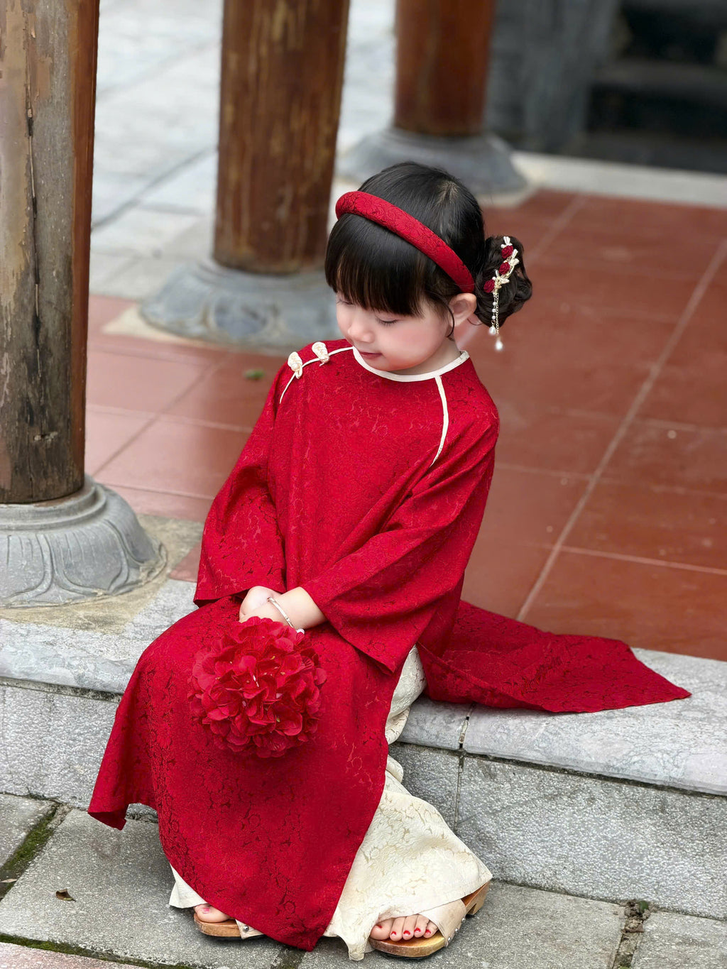 Floral Heritage Áo Dài – Ruby Cream (6Months–8Years) | Floral Brocade Vietnamese Traditional Outfit | Optional Matching Red Mấn Headband