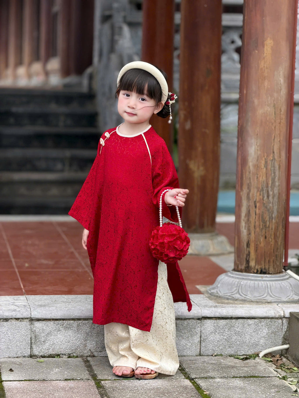 Floral Heritage Áo Dài – Ruby Cream (6Months–8Years) | Floral Brocade Vietnamese Traditional Outfit | Optional Matching Red Mấn Headband