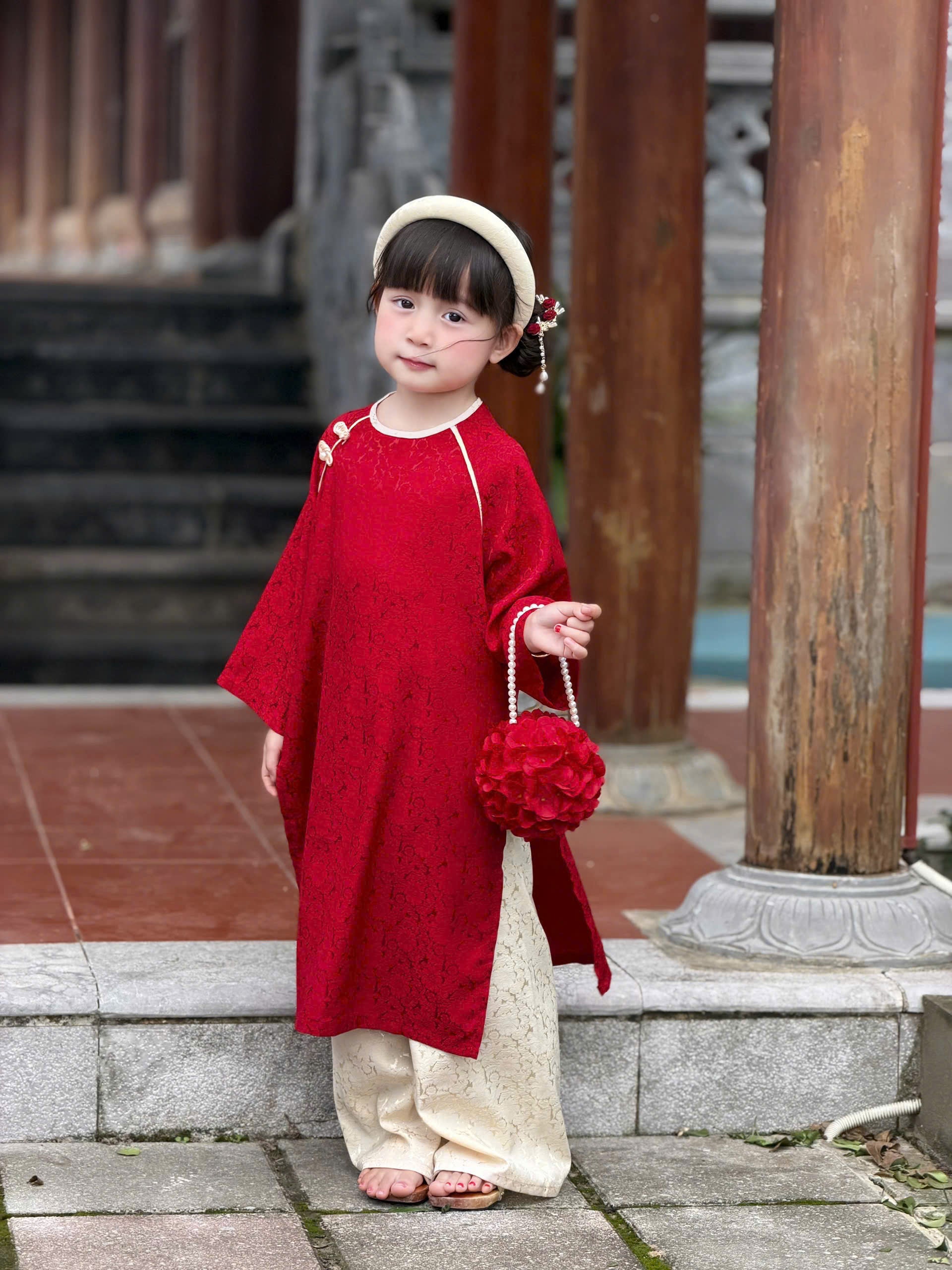 Floral Heritage Áo Dài – Ruby Cream (6Months–8Years) | Floral Brocade Vietnamese Traditional Outfit | Optional Matching Red Mấn Headband
