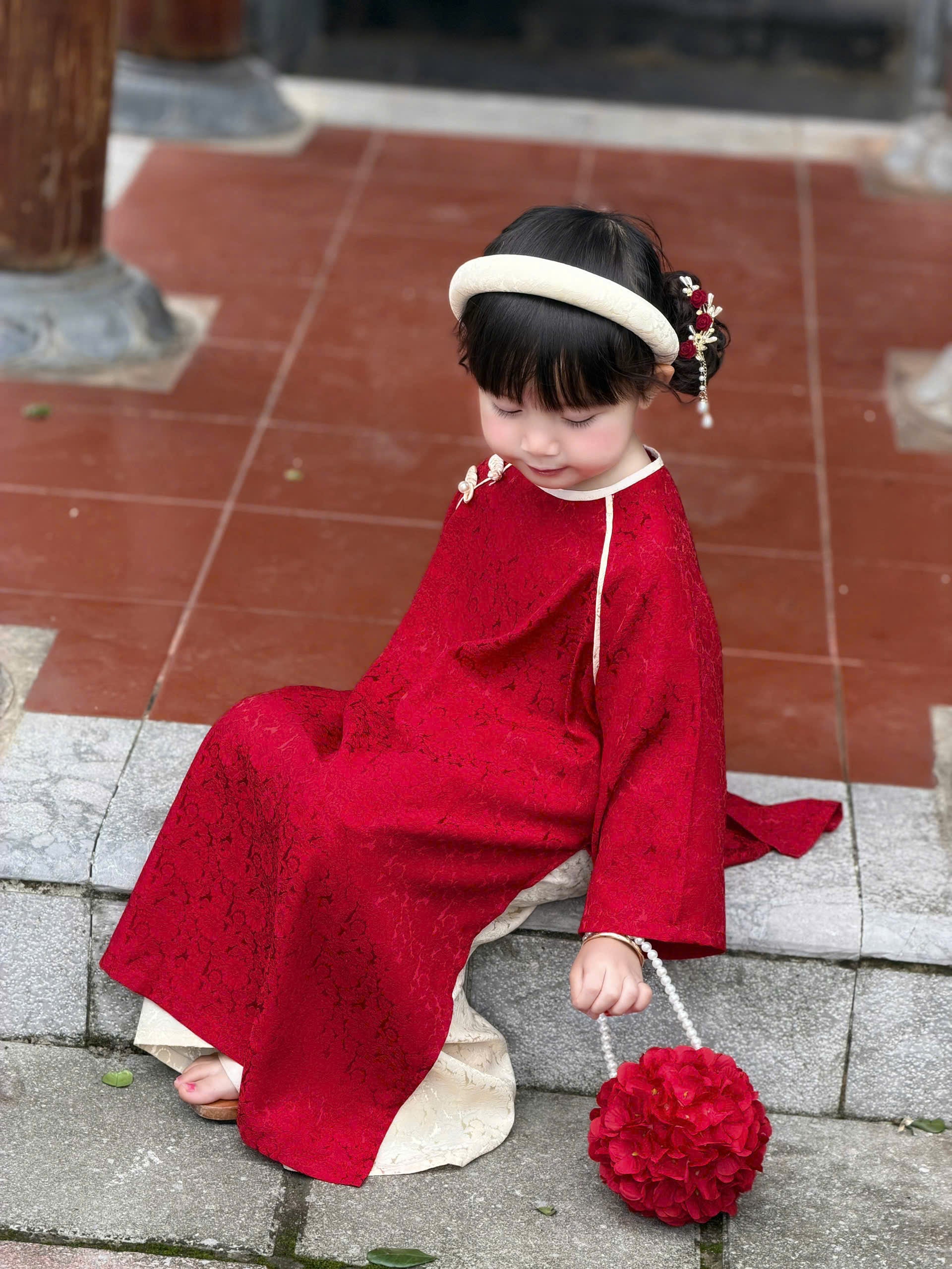 Floral Heritage Áo Dài – Ruby Cream (6Months–8Years) | Floral Brocade Vietnamese Traditional Outfit | Optional Matching Red Mấn Headband