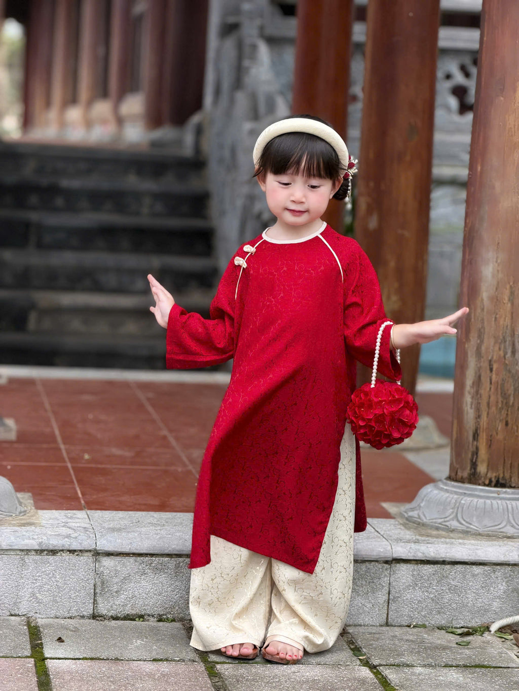 Floral Heritage Áo Dài – Ruby Cream (6Months–8Years) | Floral Brocade Vietnamese Traditional Outfit | Optional Matching Red Mấn Headband