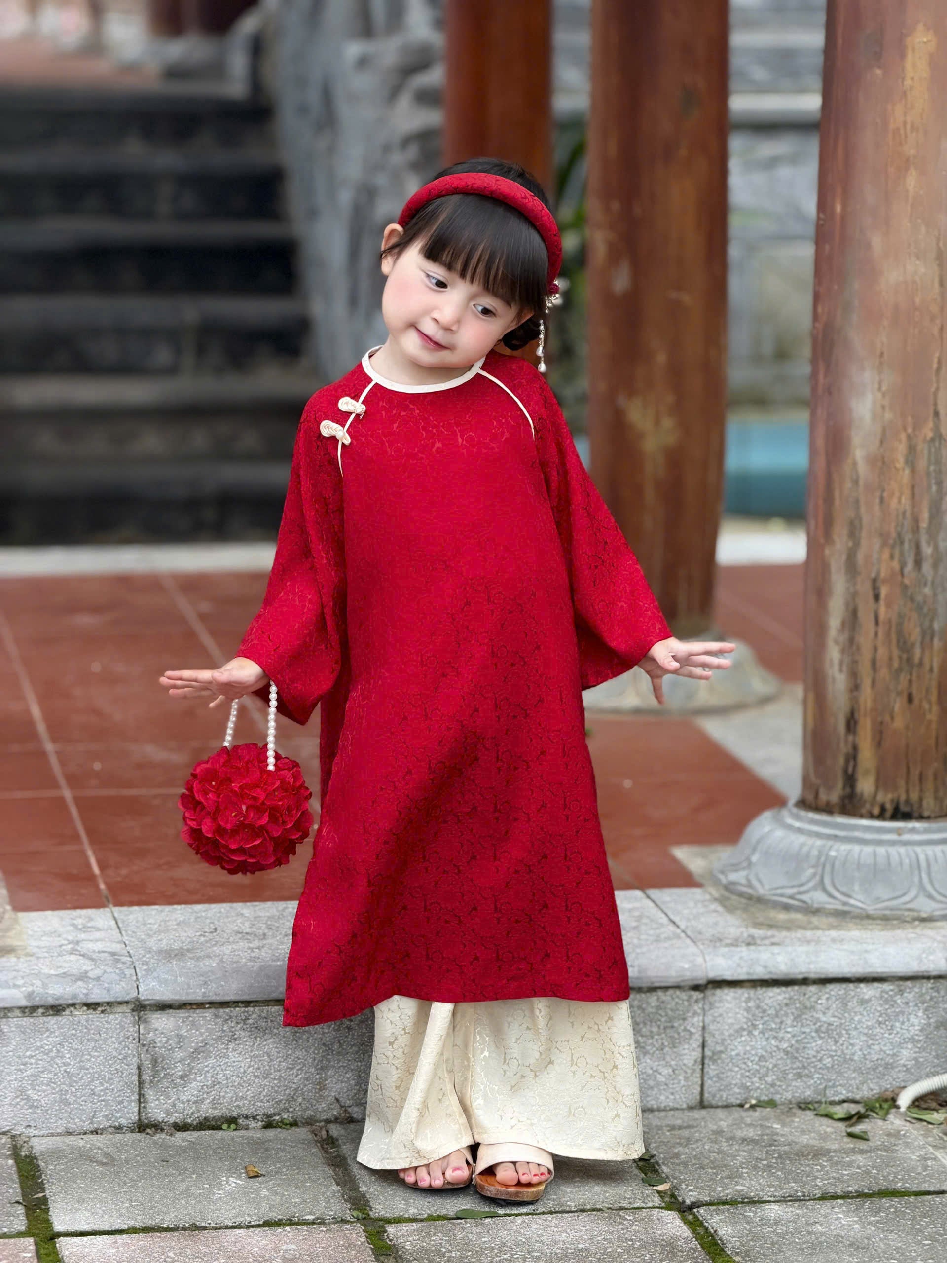 Floral Heritage Áo Dài – Ruby Cream (6Months–8Years) | Floral Brocade Vietnamese Traditional Outfit | Optional Matching Red Mấn Headband
