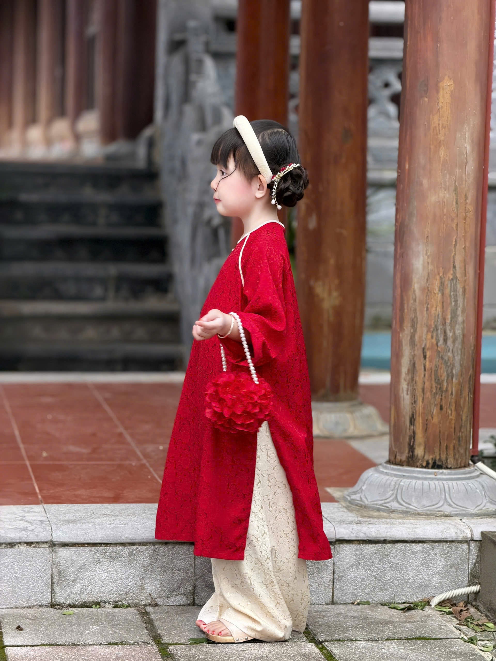Floral Heritage Áo Dài – Ruby Cream (6Months–8Years) | Floral Brocade Vietnamese Traditional Outfit | Optional Matching Red Mấn Headband