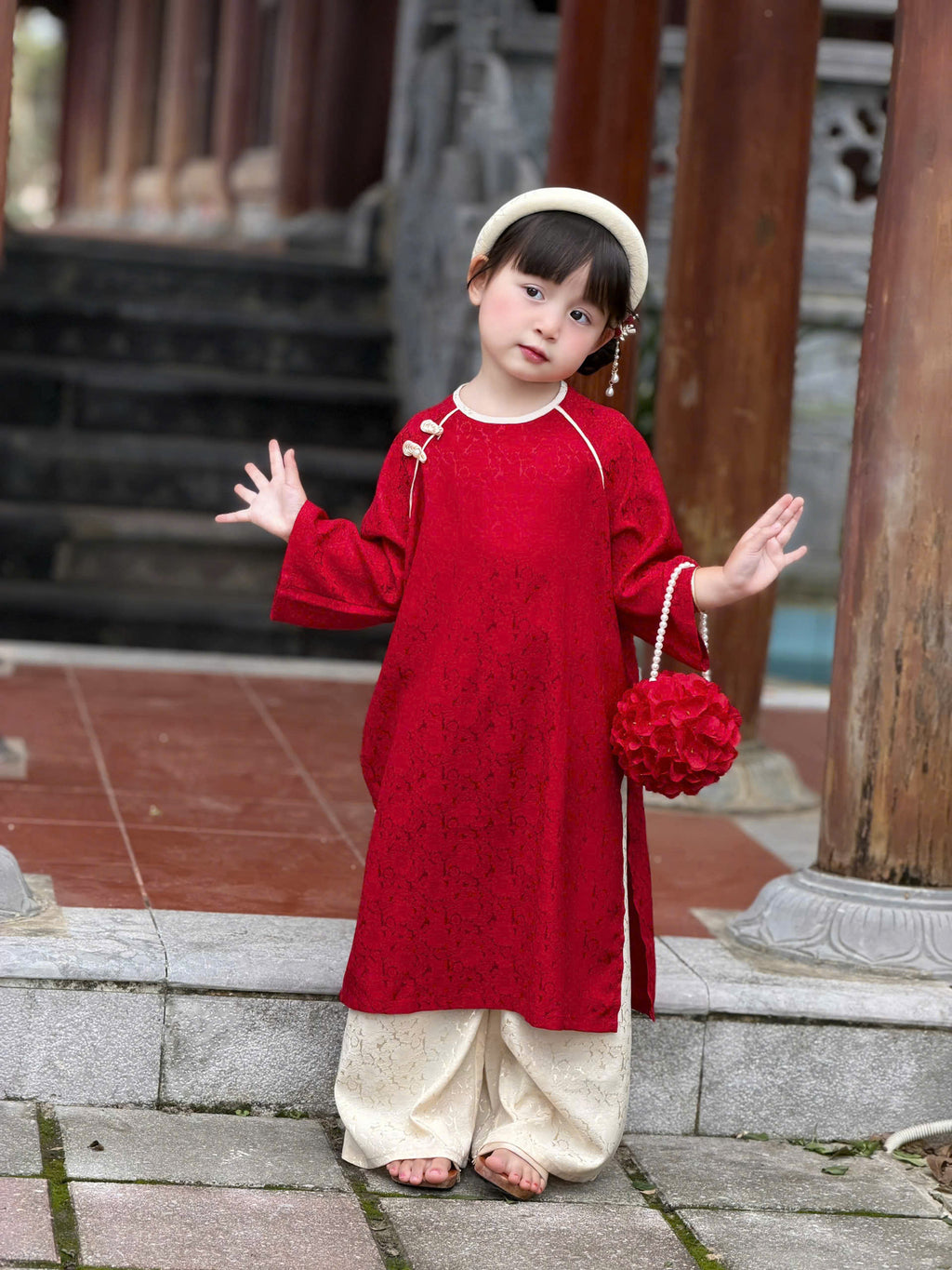 Floral Heritage Áo Dài – Ruby Cream (6Months–8Years) | Floral Brocade Vietnamese Traditional Outfit | Optional Matching Red Mấn Headband