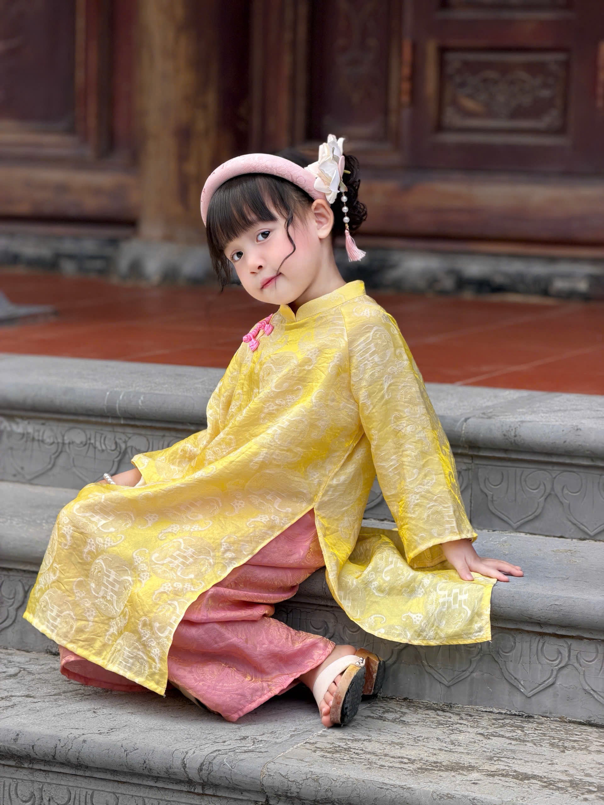 Golden Dawn Áo Dài (6 Months–8 Years) | Shimmering Vietnamese Traditional Outfit | Lunar New Year, Moon Festival & Special Occasion Wear