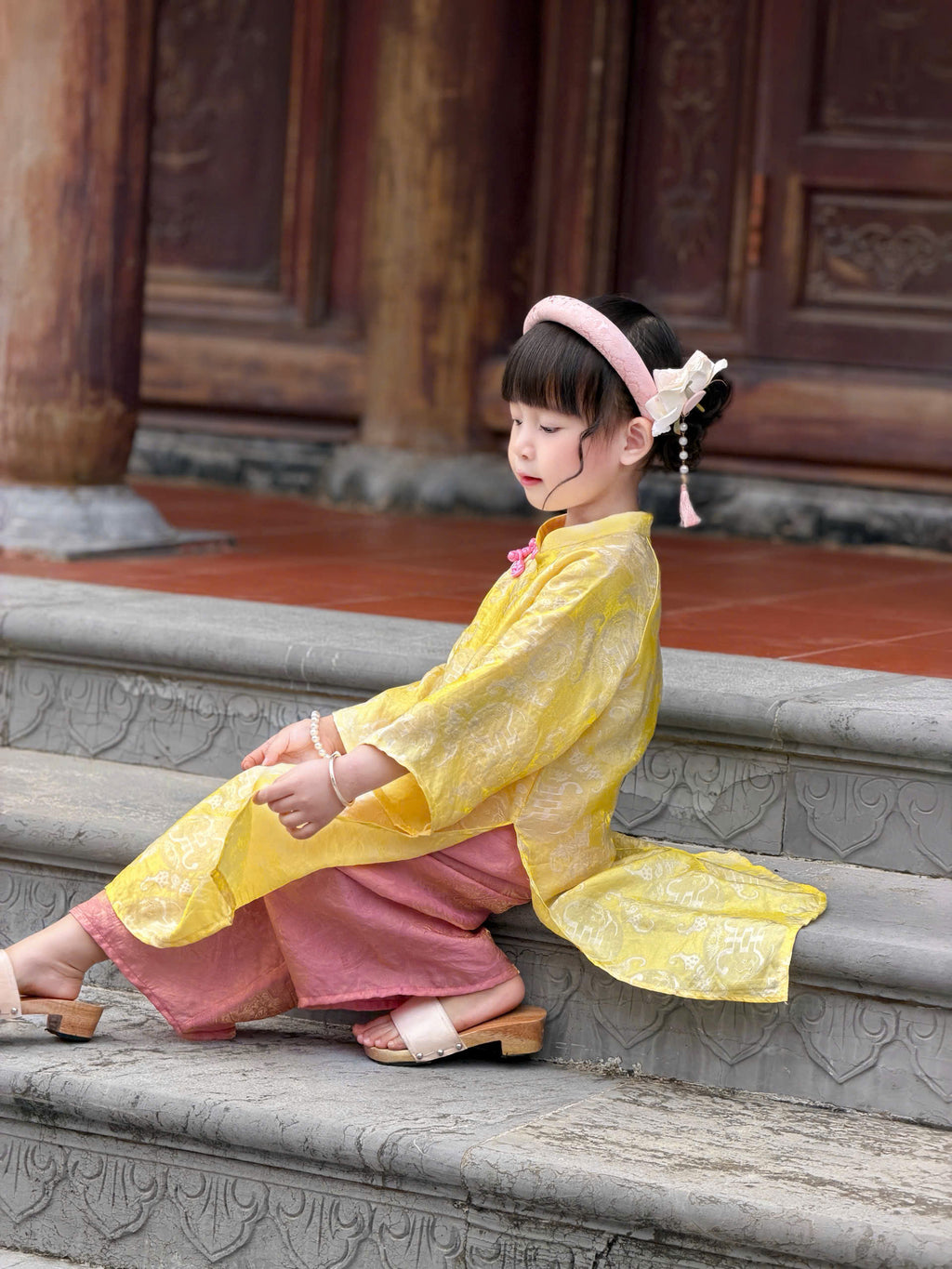 Golden Dawn Áo Dài (6 Months–8 Years) | Shimmering Vietnamese Traditional Outfit | Lunar New Year, Moon Festival & Special Occasion Wear