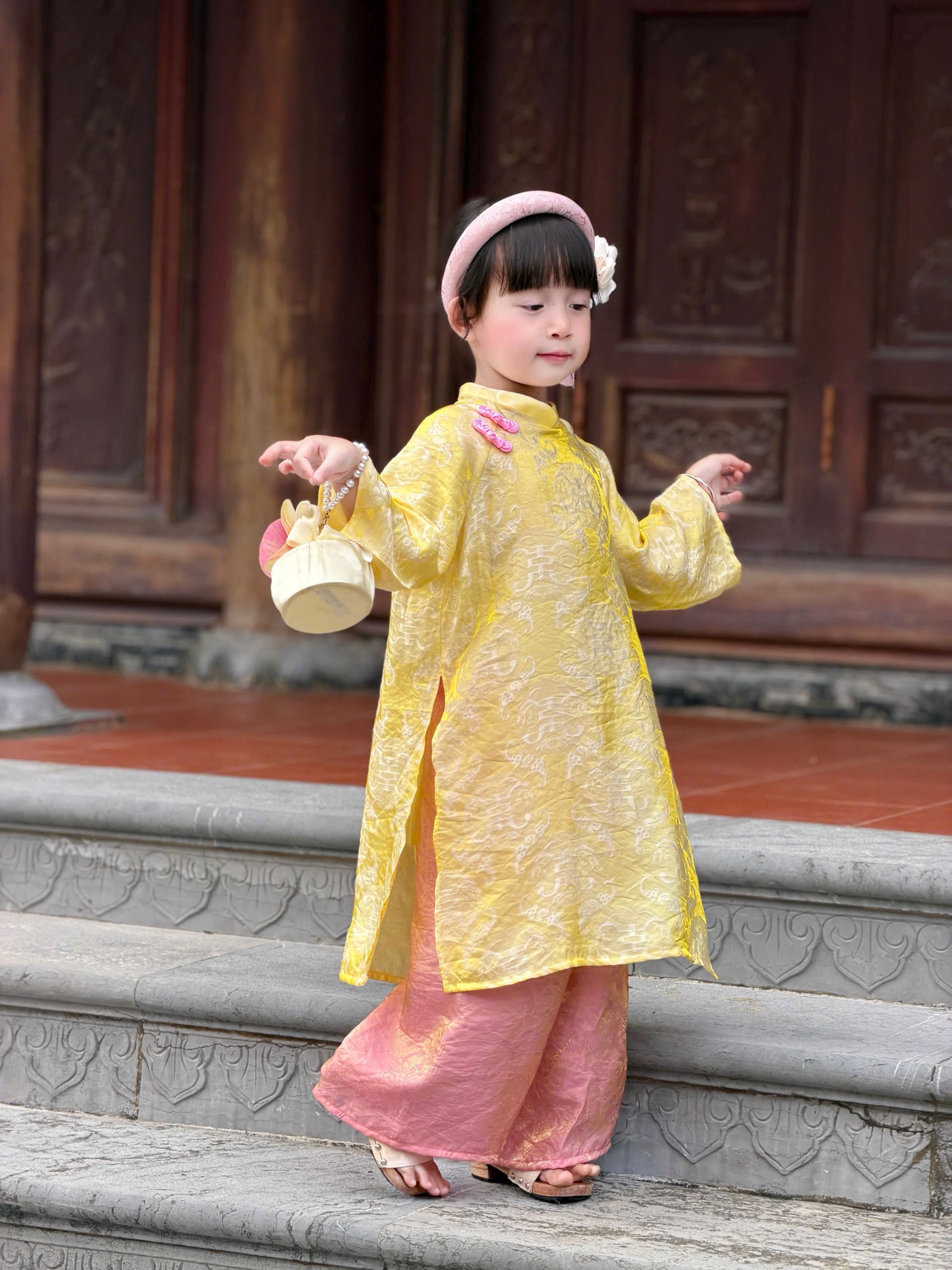 Golden Dawn Áo Dài (6 Months–8 Years) | Shimmering Vietnamese Traditional Outfit | Lunar New Year, Moon Festival & Special Occasion Wear