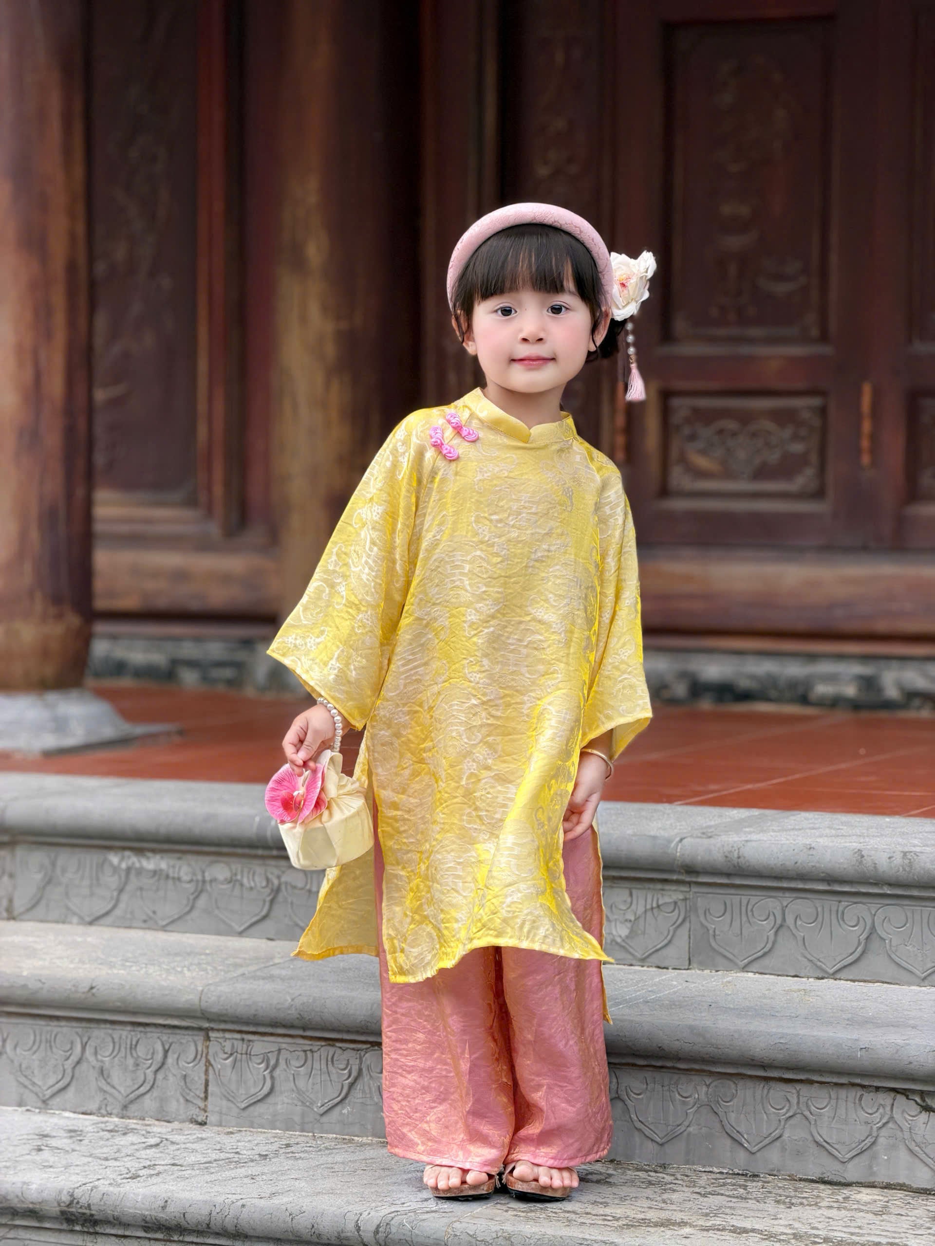 Golden Dawn Áo Dài (6 Months–8 Years) | Shimmering Vietnamese Traditional Outfit | Lunar New Year, Moon Festival & Special Occasion Wear
