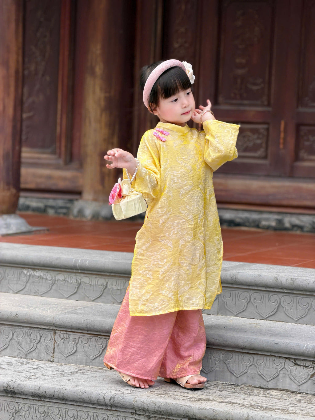 Golden Dawn Áo Dài (6 Months–8 Years) | Shimmering Vietnamese Traditional Outfit | Lunar New Year, Moon Festival & Special Occasion Wear