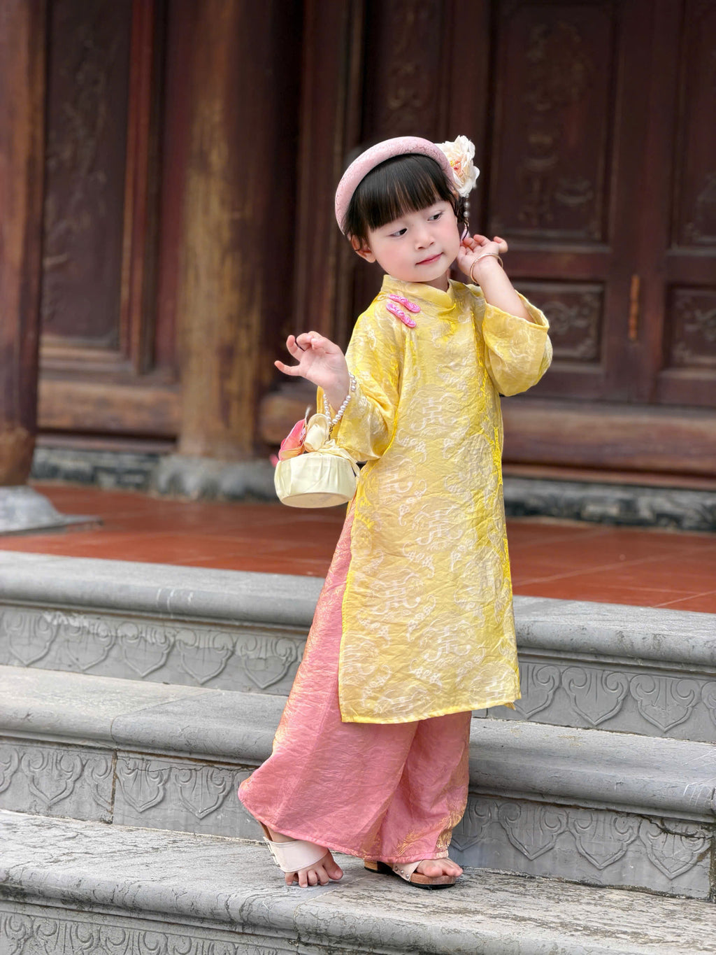 Golden Dawn Áo Dài (6 Months–8 Years) | Shimmering Vietnamese Traditional Outfit | Lunar New Year, Moon Festival & Special Occasion Wear