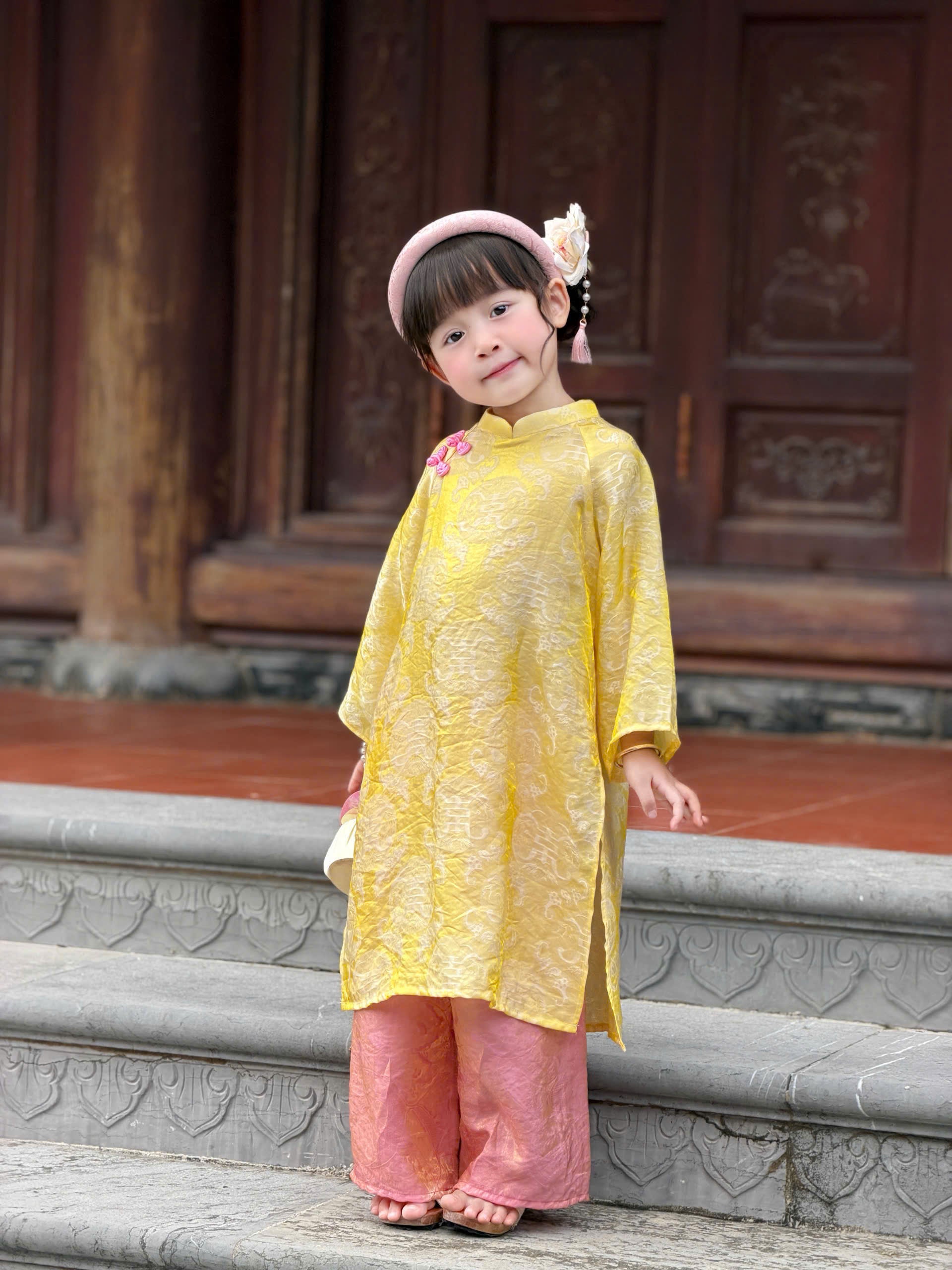 Golden Dawn Áo Dài (6 Months–8 Years) | Shimmering Vietnamese Traditional Outfit | Lunar New Year, Moon Festival & Special Occasion Wear