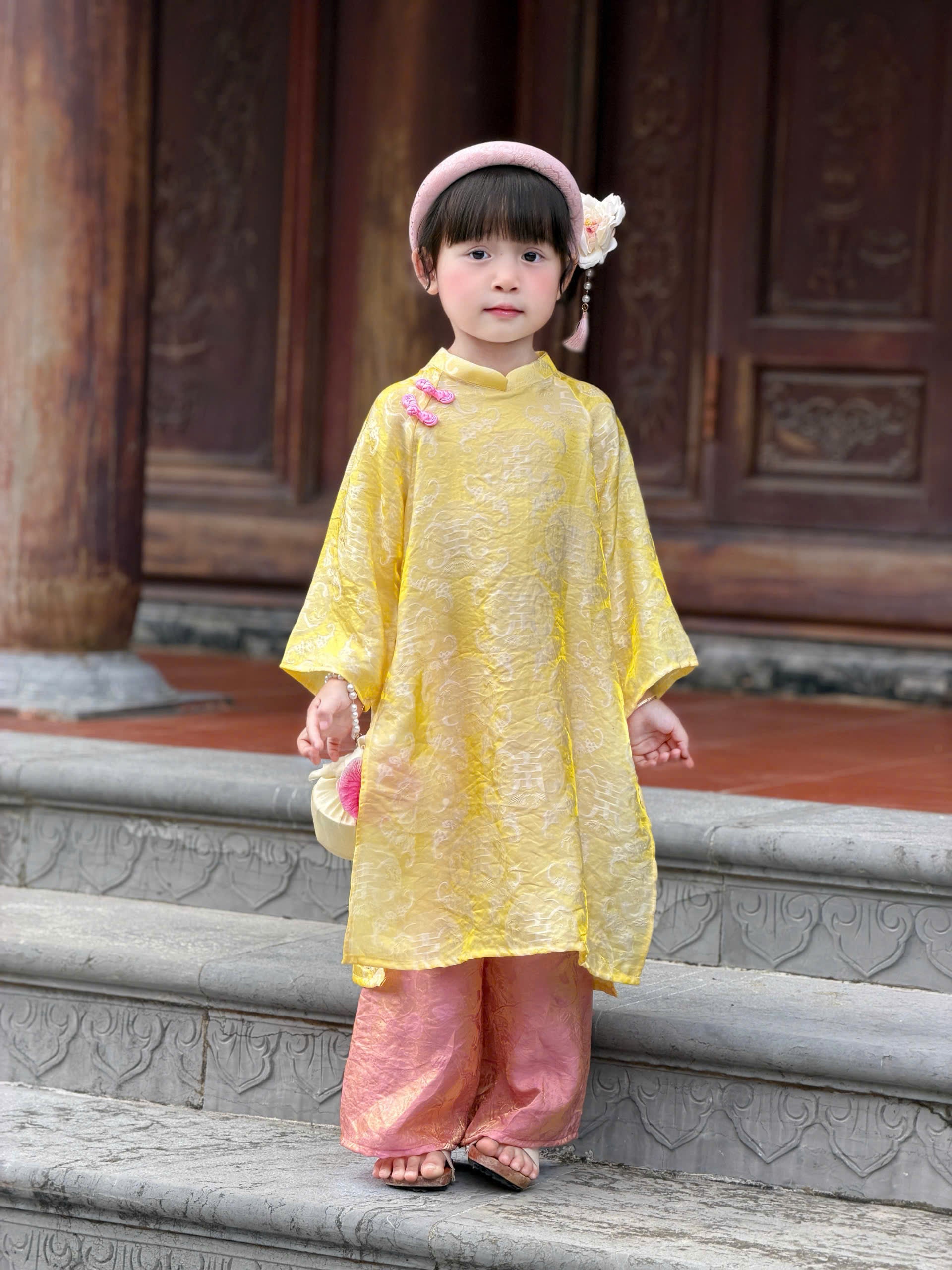 Golden Dawn Áo Dài (6 Months–8 Years) | Shimmering Vietnamese Traditional Outfit | Lunar New Year, Moon Festival & Special Occasion Wear